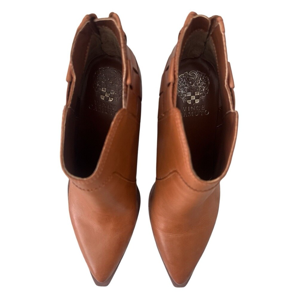 Vince Camuto Gemmlee Leather Ankle Booties Woven Heel Block Heel Cognac 9M - Picture 6 of 8